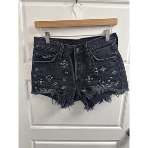 Levis 501 Womens Studded Embroidered Denim Shorts Black Cut Off Size 26